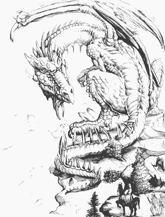 coloriage dragon observant les guerriers